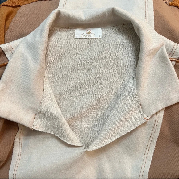 Sunland 17 Oversized Tan Brown‎ Cream Contrast Patchwork Top. Size Small. - Picture 12 of 16